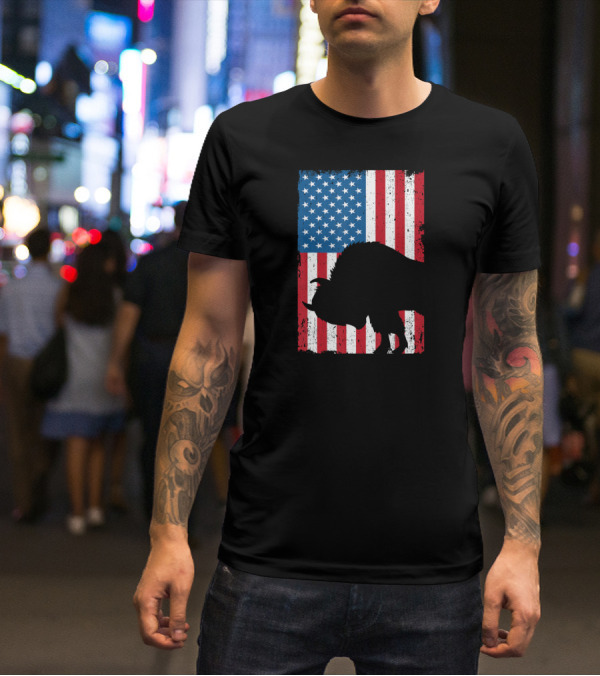 Fourth Of July Bison Patriot American Flag Silhouette Independence Day T-Shirt