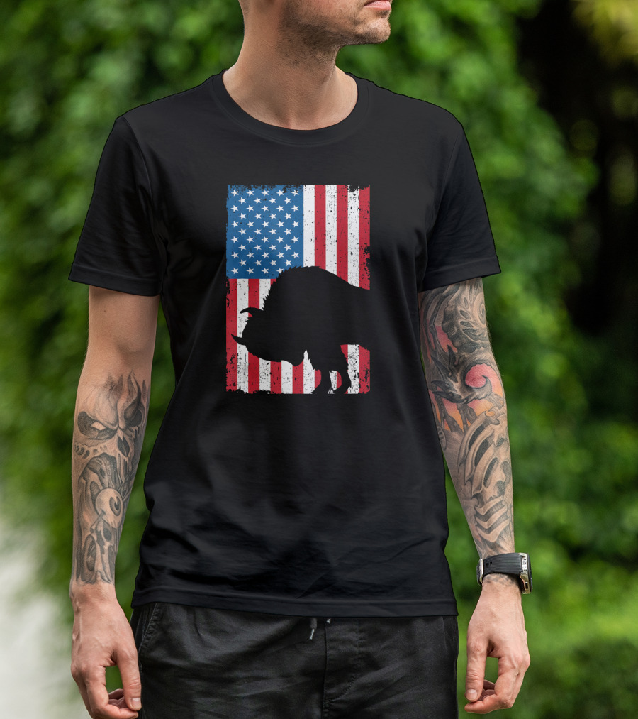 Fourth Of July Bison Patriot American Flag Silhouette Independence Day T-Shirt