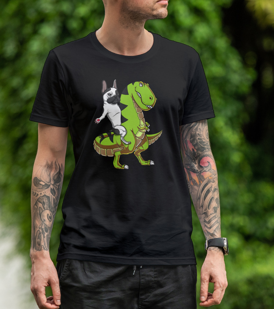 French Bulldog Riding T-Rex Dinosaur Adventure T-Shirt