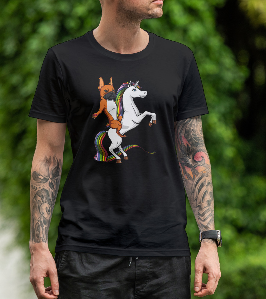 French Bulldog Riding Rainbow Unicorn Funny Dog T-Shirt