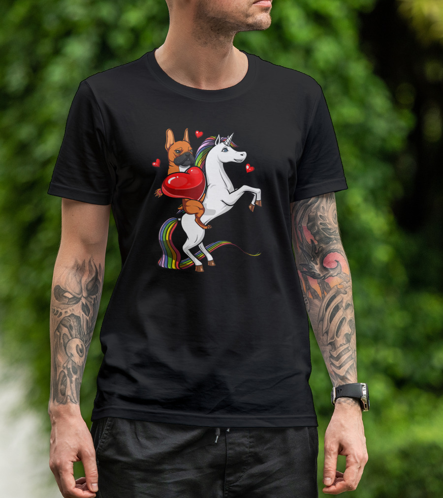 French Bulldog With Heart On Rainbow Unicorn Valentine's T-Shirt
