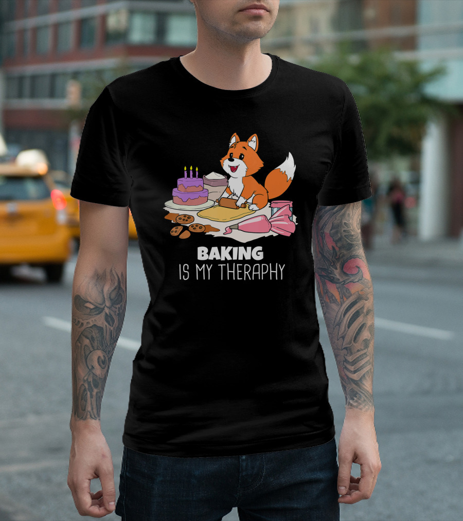 Funny Fox Baking Is My Therapy Doug T-Shirt