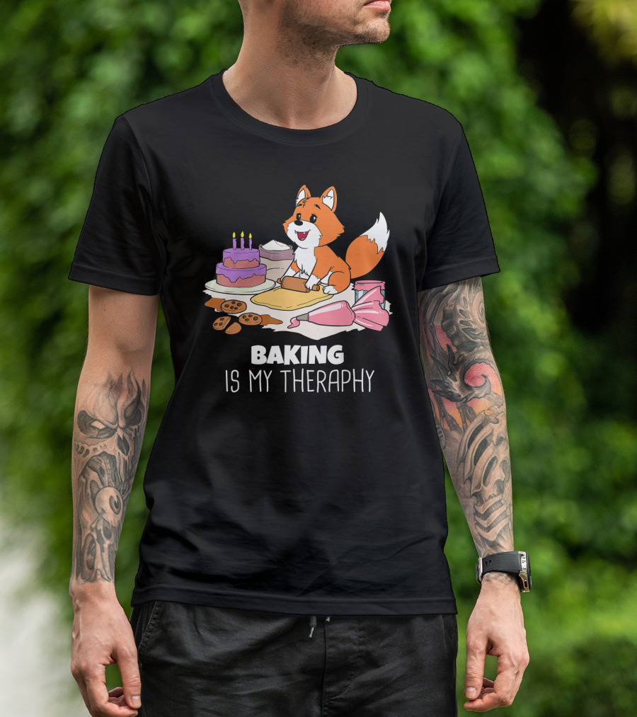 Funny Fox Baking Is My Therapy Doug T-Shirt