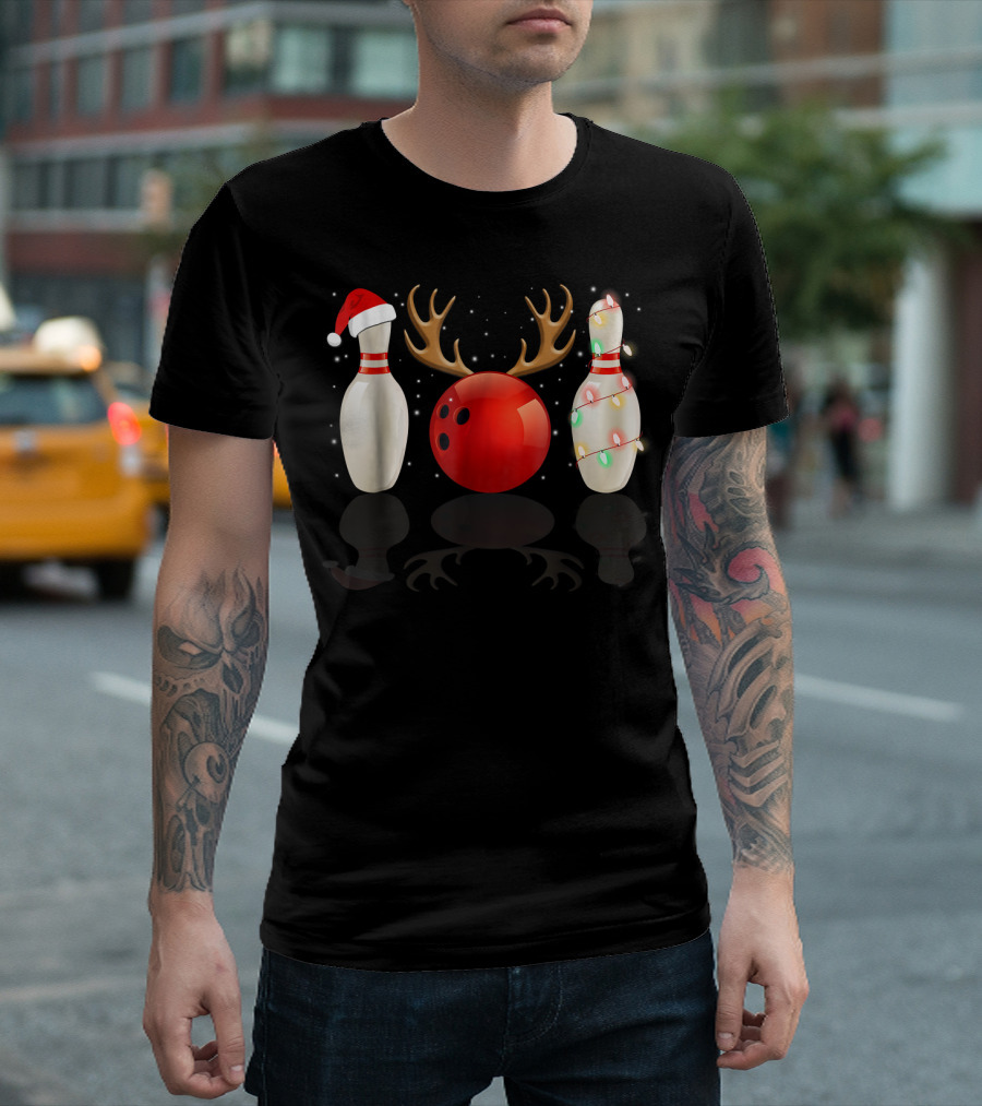 Reindeer Antlers Bowling Ball Santa Hat Christmas Lights Bowling Pins Funny Holiday Bowling T-Shirt