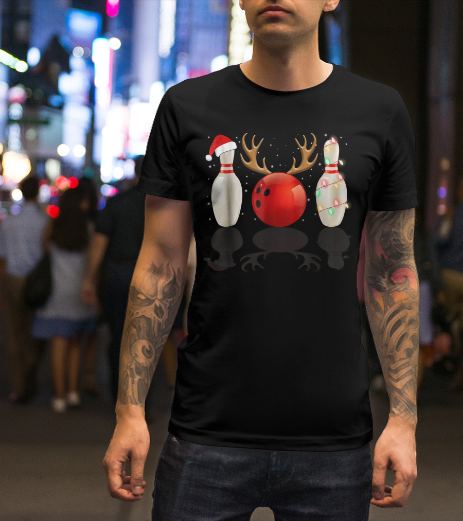 Reindeer Antlers Bowling Ball Santa Hat Christmas Lights Bowling Pins Funny Holiday Bowling T-Shirt