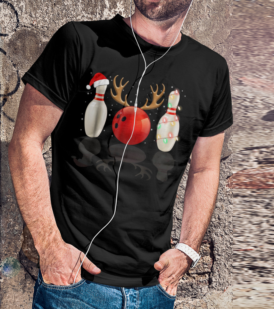 Reindeer Antlers Bowling Ball Santa Hat Christmas Lights Bowling Pins Funny Holiday Bowling T-Shirt