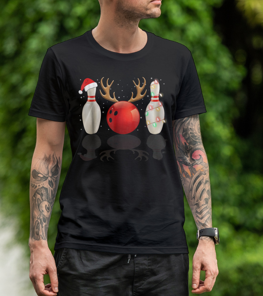 Reindeer Antlers Bowling Ball Santa Hat Christmas Lights Bowling Pins Funny Holiday Bowling T-Shirt