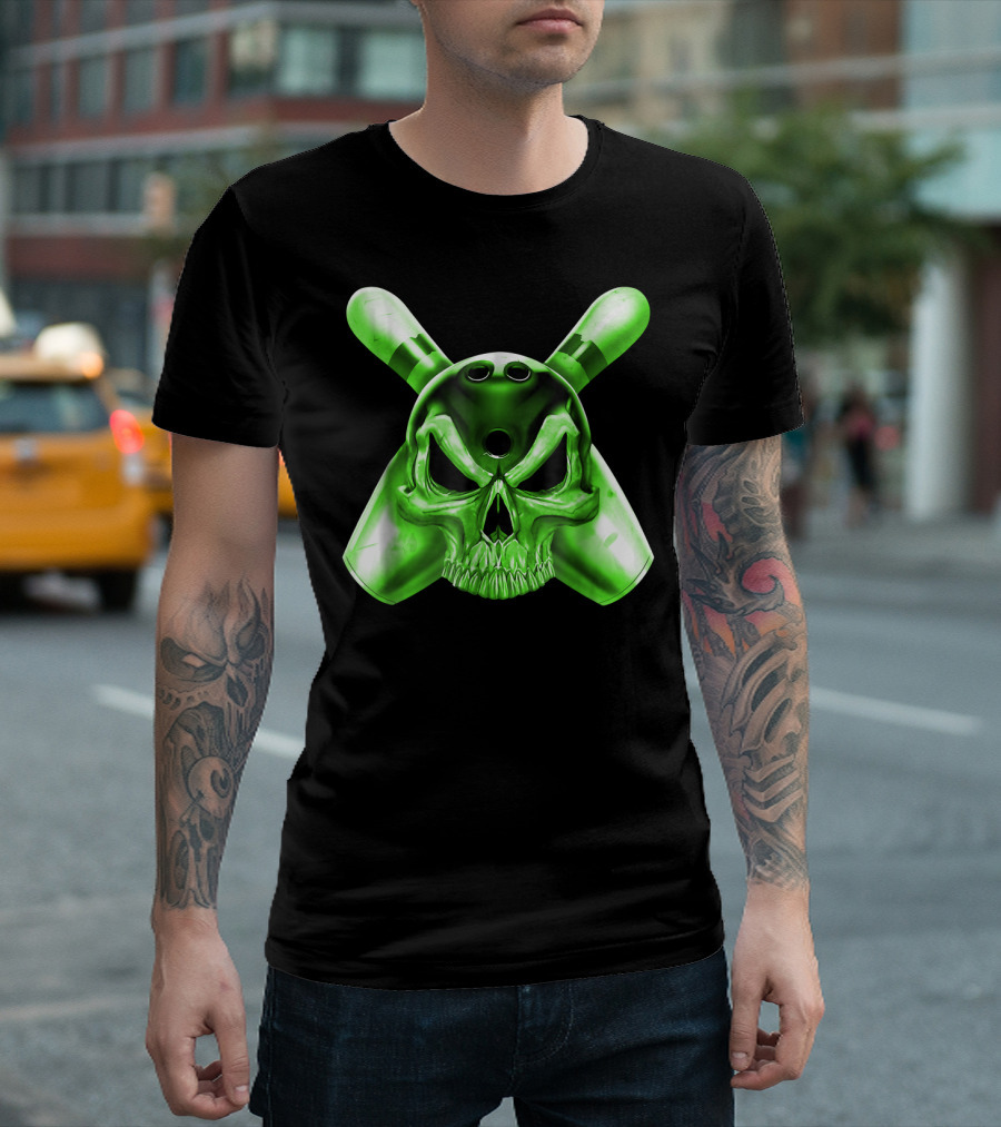 Bowling Skull Crossed Pins Green T-Shirt