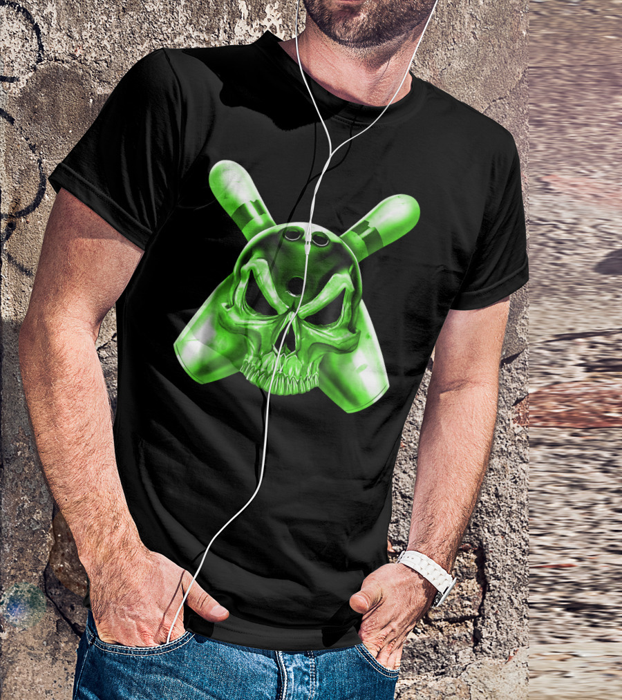 Bowling Skull Crossed Pins Green T-Shirt