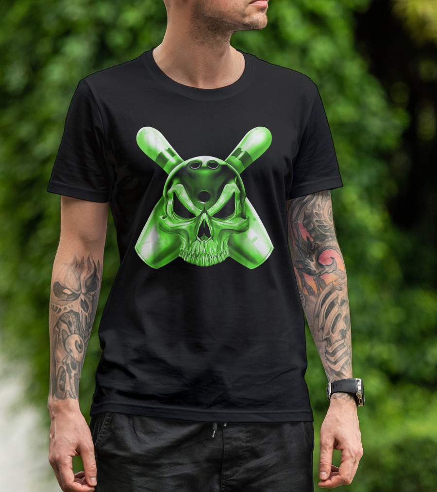 Bowling Skull Crossed Pins Green T-Shirt