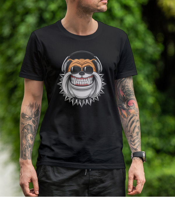 Funny Bulldog Wearing Headphones With Spiked Collar And Big Grin T-Shirt