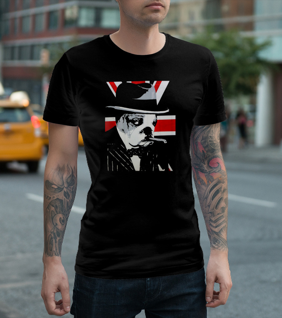 Funny English Bulldog Smoking Cigar Wearing Hat With Union Jack Background T-Shirt