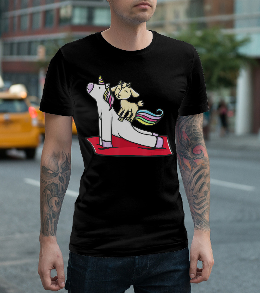 Goat Balancing on Yoga Unicorn Rainbow Mane T-Shirt