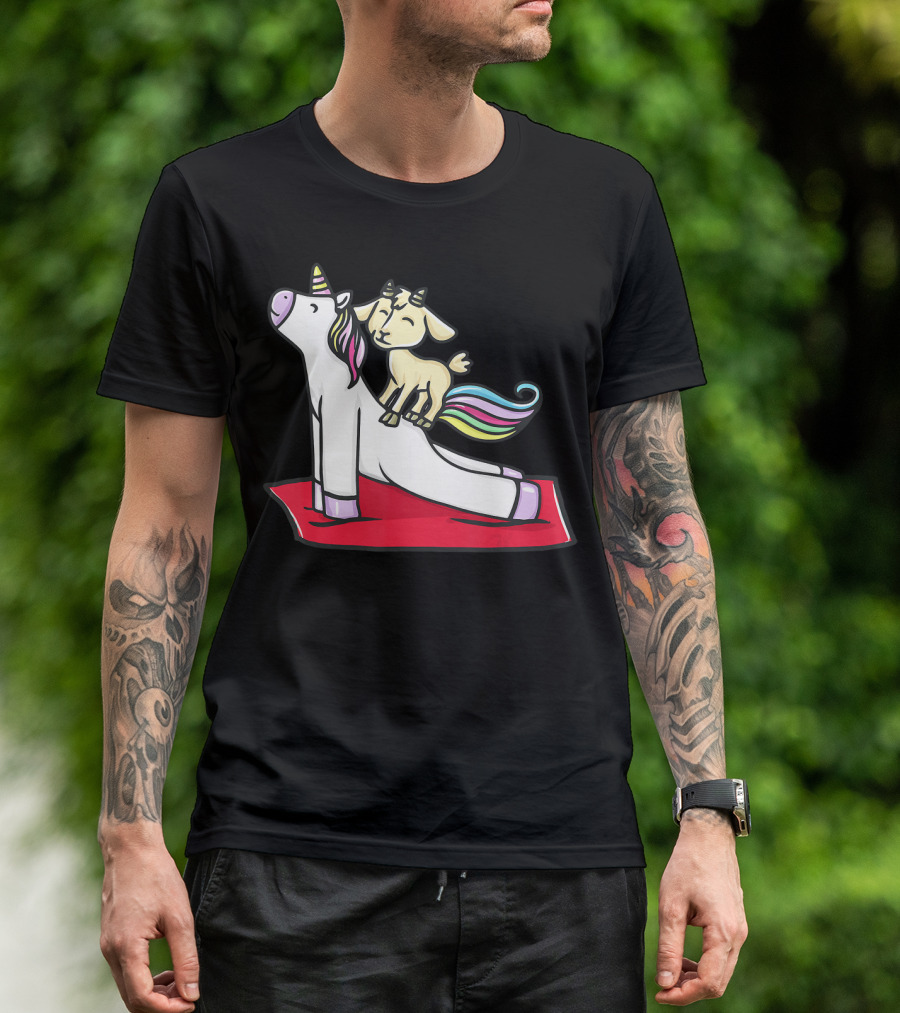 Goat Balancing On Yoga Unicorn Rainbow Mane T-Shirt