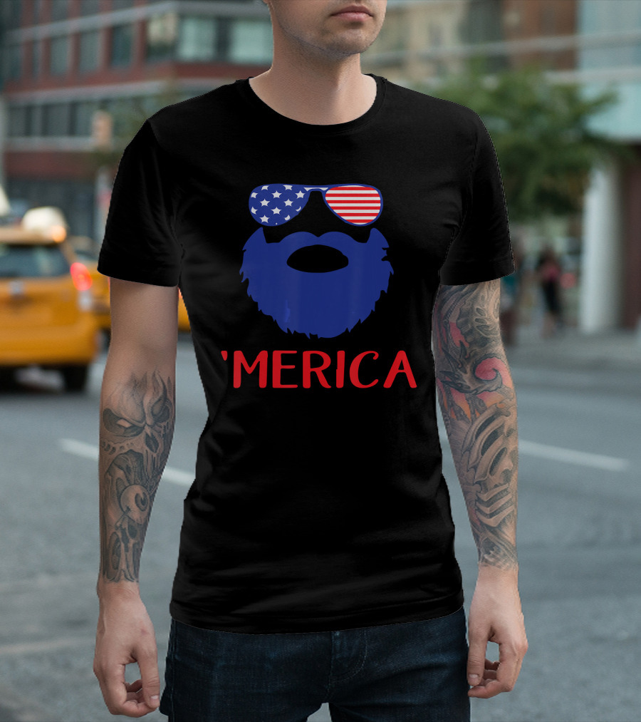 'Merica Beard with American Flag Sunglasses T-Shirt