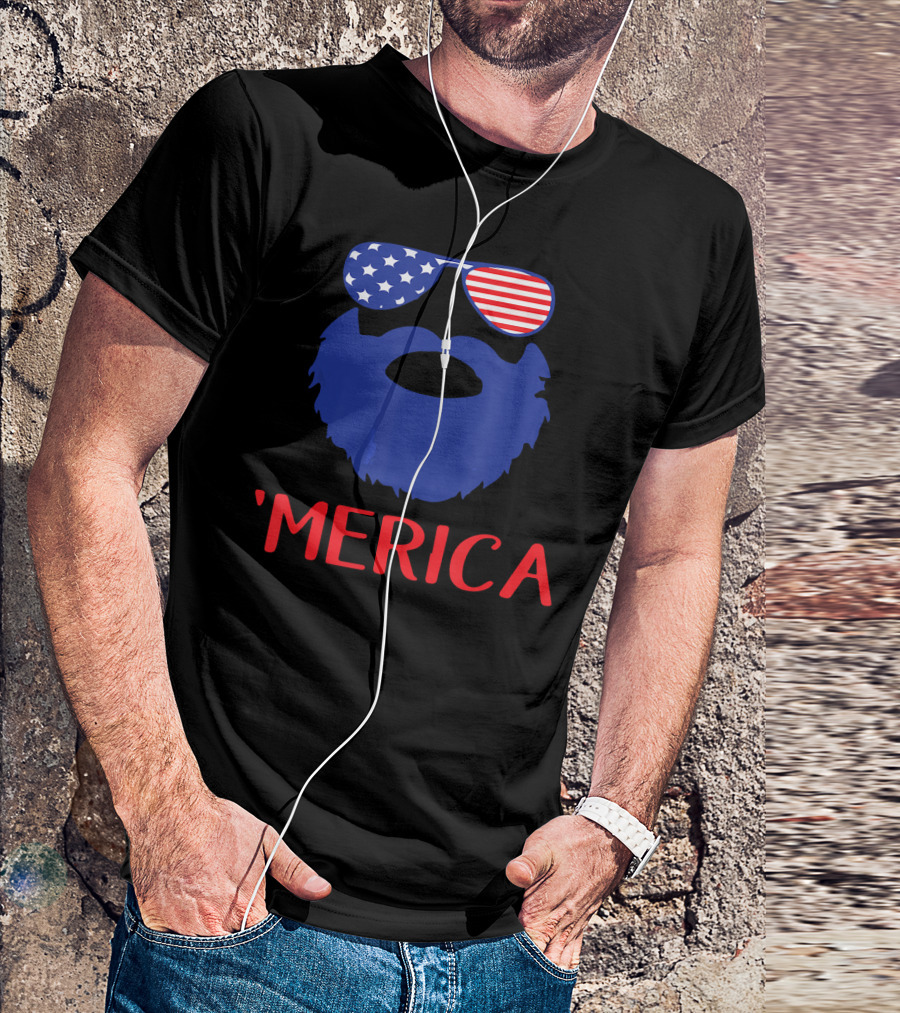'Merica Beard With American Flag Sunglasses T-Shirt