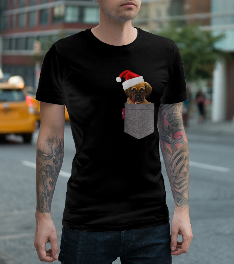 Funny Puggle in a Santa Hat Cute Beagle Pug in a Pocket T-Shirt