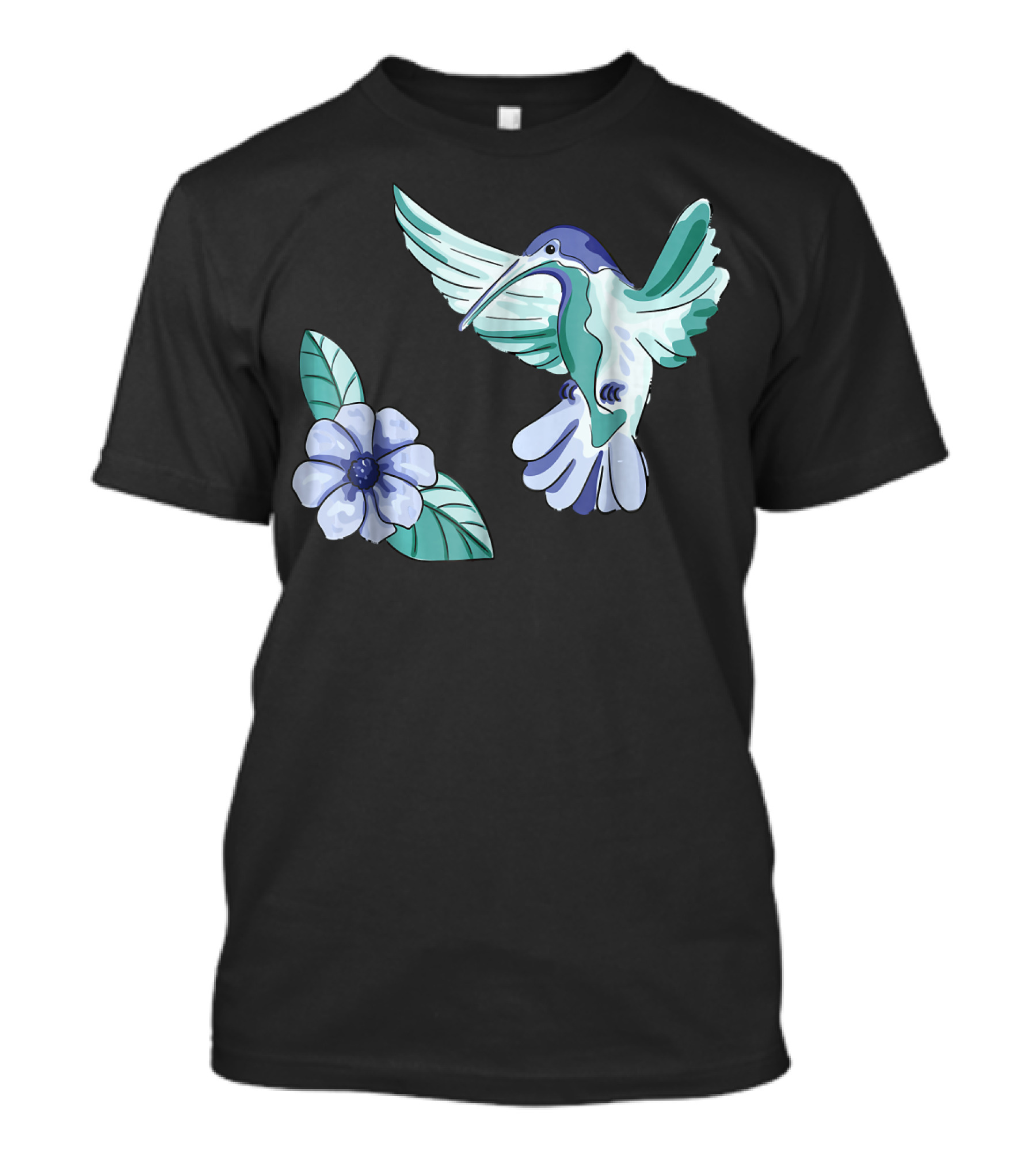 Green And Blue Hummingbird With White And Blue Flower T-Shirt