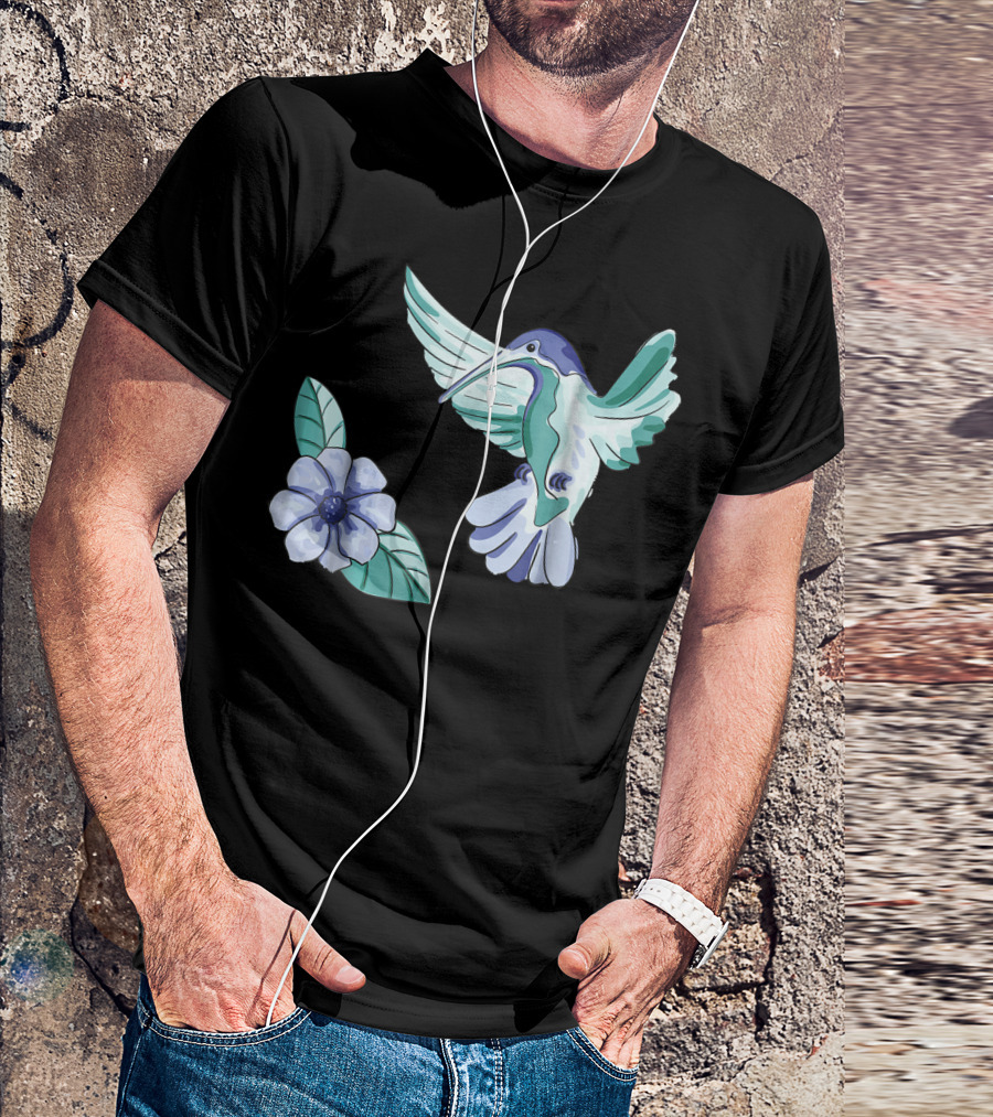 Green And Blue Hummingbird With White And Blue Flower T-Shirt