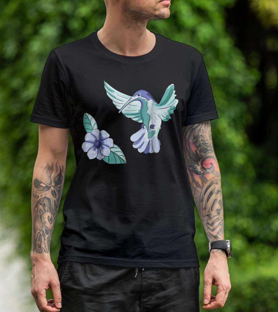 Green And Blue Hummingbird With White And Blue Flower T-Shirt