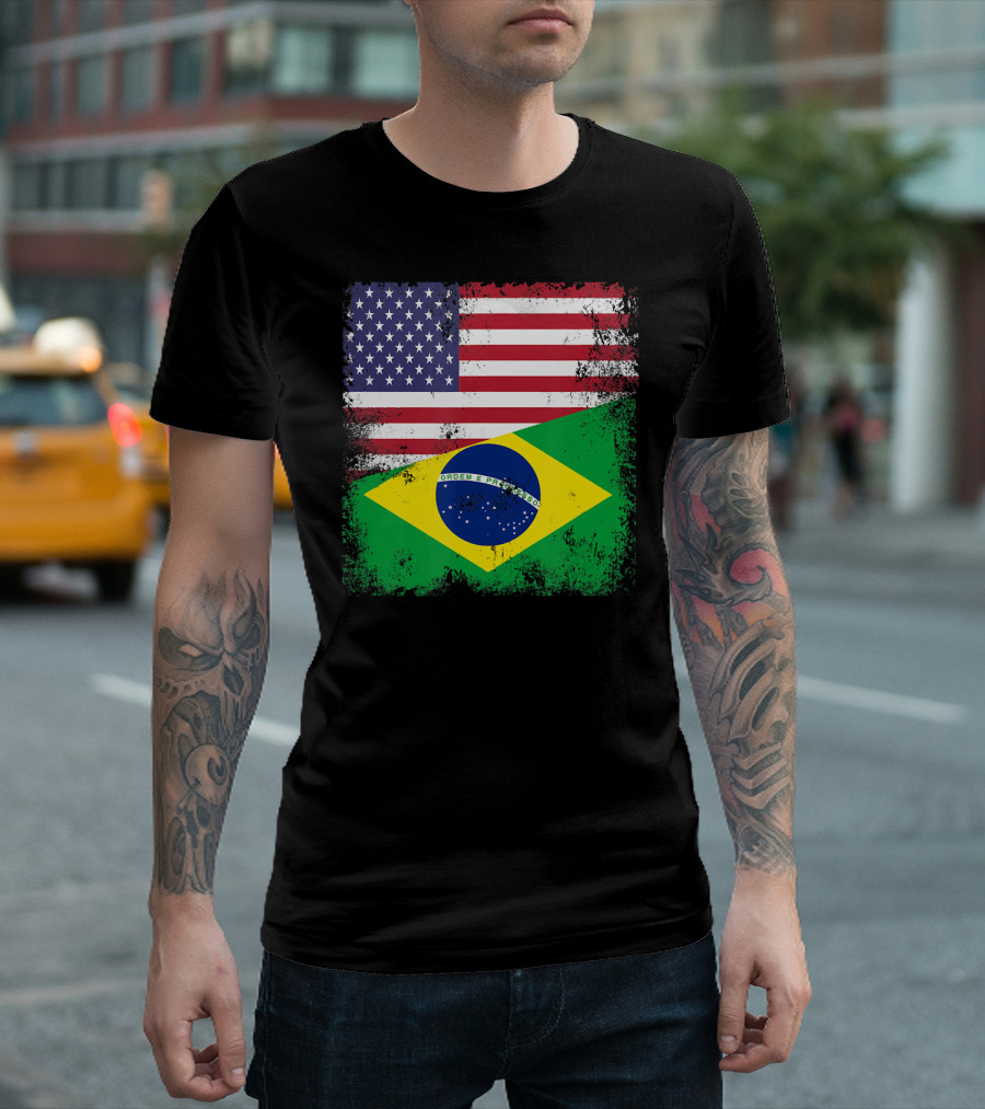 Vintage Half Brazilian Half American Flag Brazil U T-Shirt