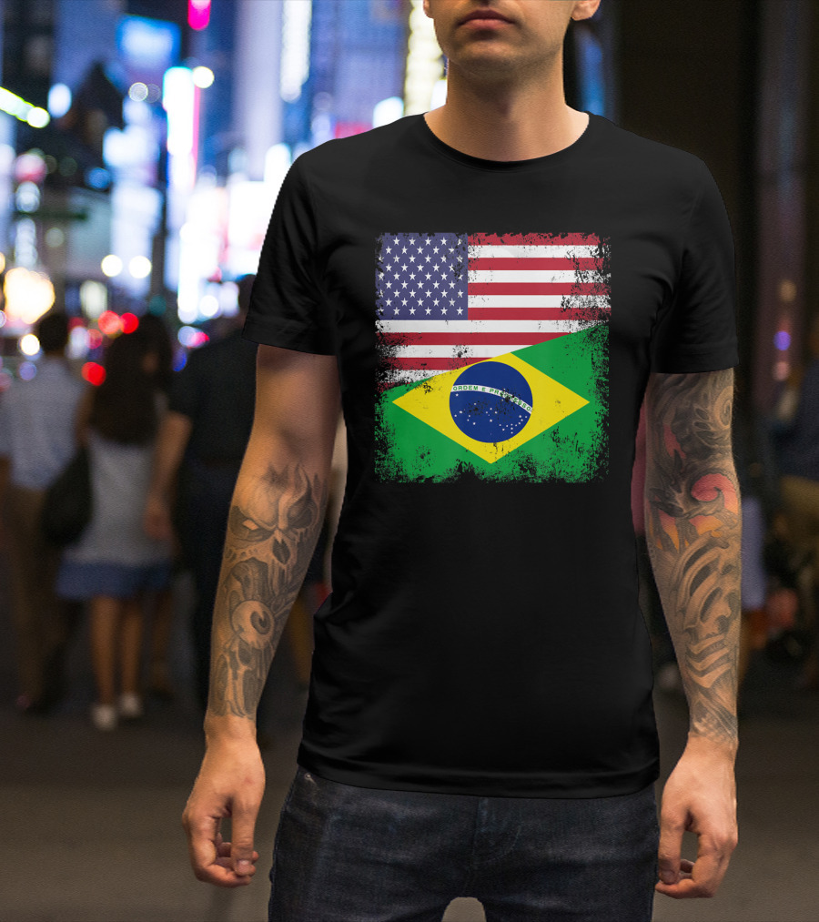 Vintage Half Brazilian Half American Flag Brazil U T-Shirt
