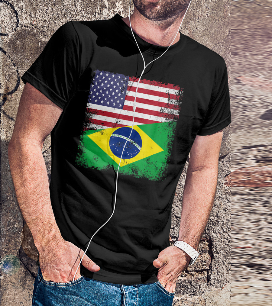 Vintage Half Brazilian Half American Flag Brazil U T-Shirt