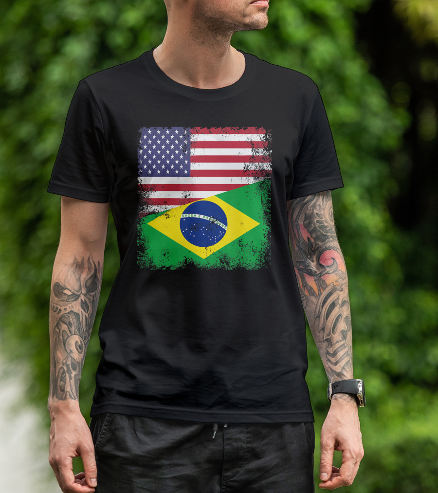 Vintage Half Brazilian Half American Flag Brazil U T-Shirt