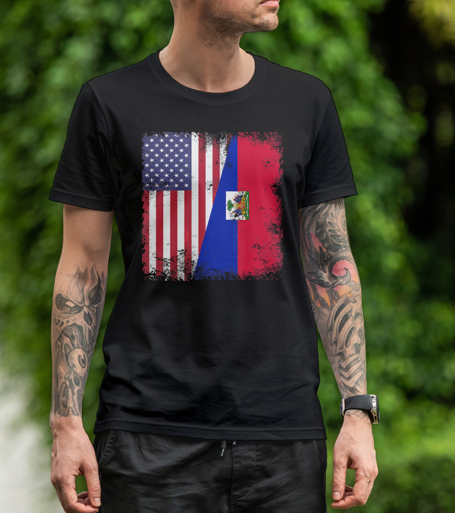 Half Haitian Flag Vintage Haiti U USA Grunge Style Flag Fusion T-Shirt