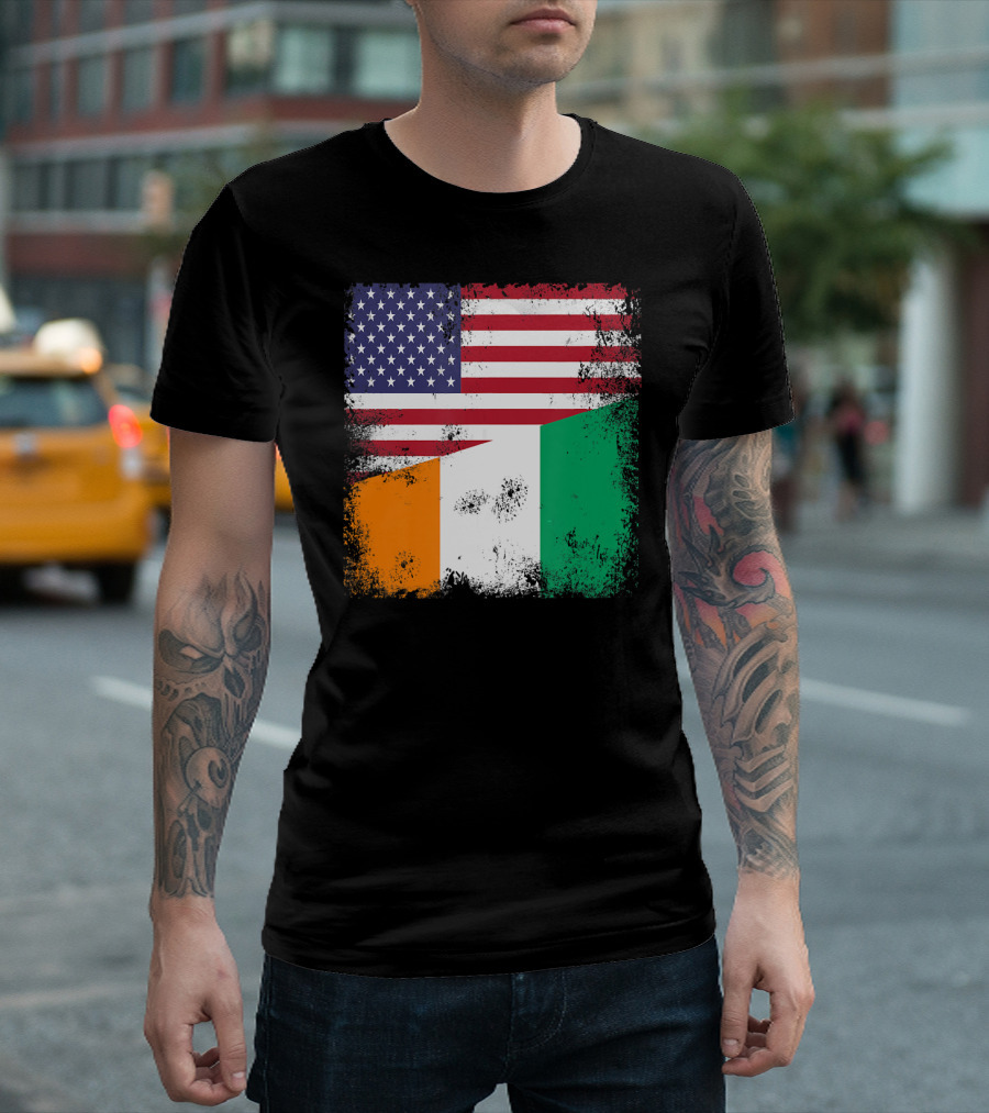 Half Ivorian Flag Vintage Cote d'I with Distressed USA Flag T-Shirt