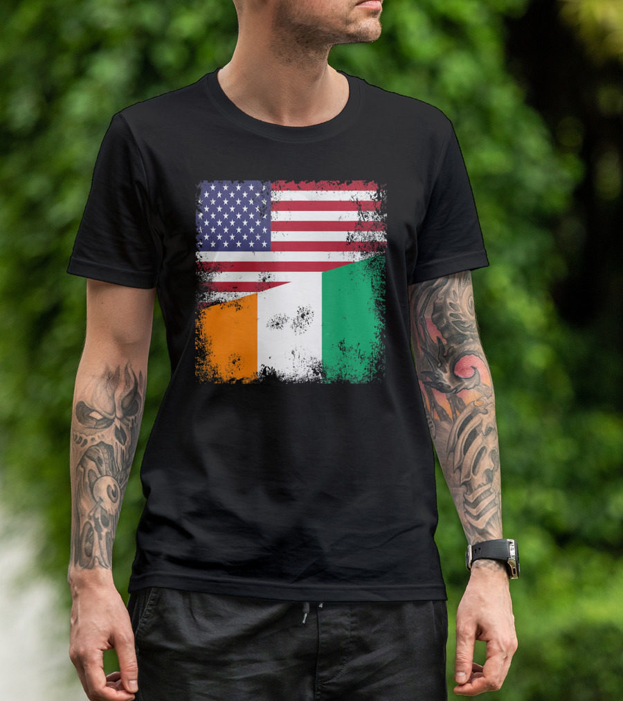 Half Ivorian Flag Vintage Cote D'I With Distressed USA Flag T-Shirt