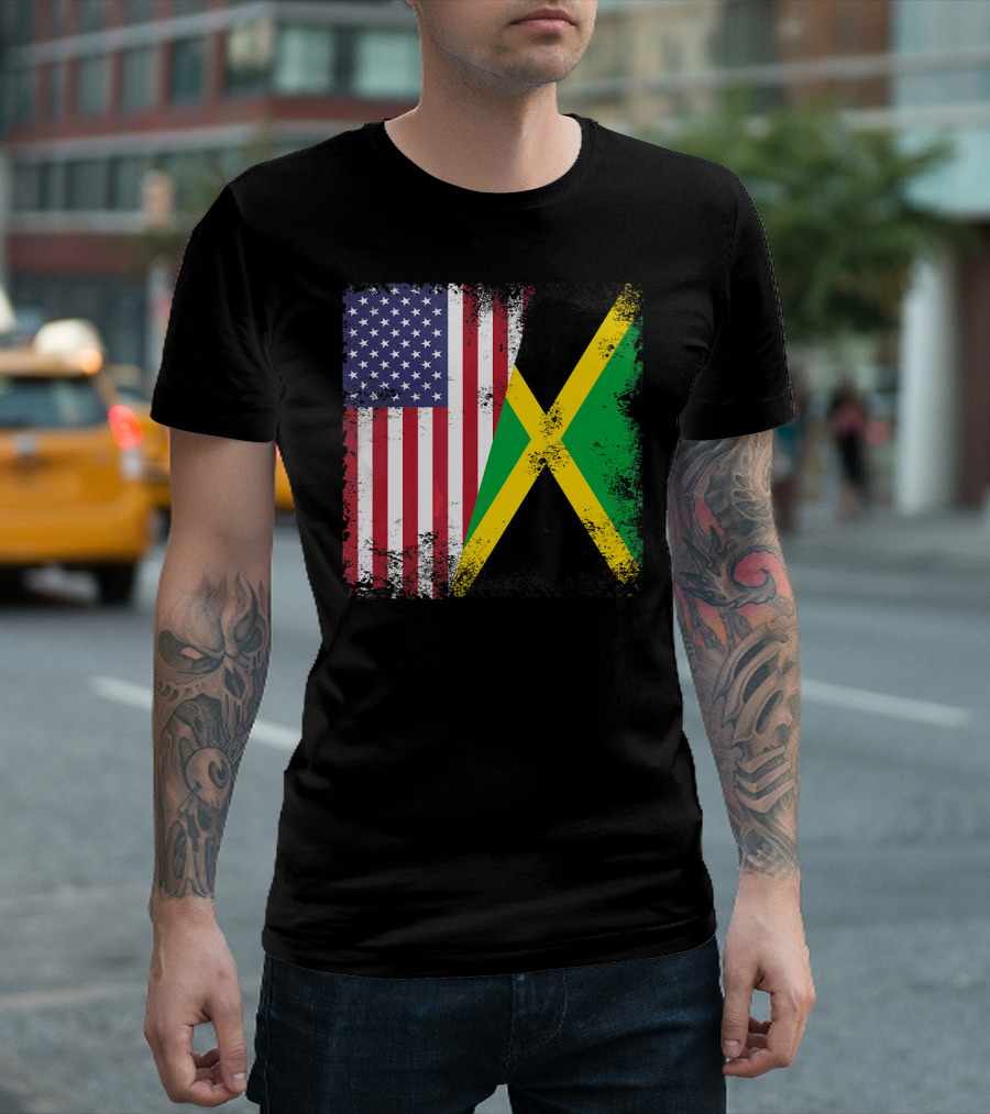 Half Jamaican Flag Vintage Jamaica U.S.A. Flag Overlay T-Shirt