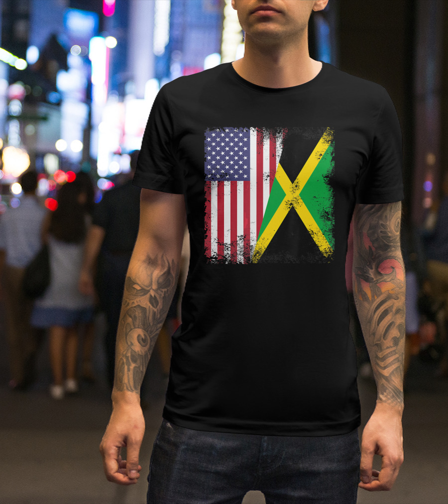 Half Jamaican Flag Vintage Jamaica U.S.A. Flag Overlay T-Shirt