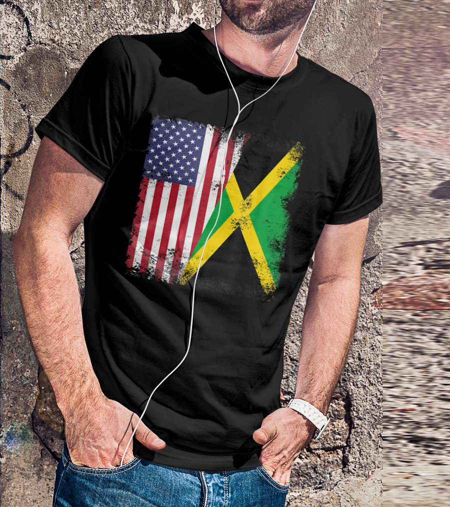 Half Jamaican Flag Vintage Jamaica U.S.A. Flag Overlay T-Shirt