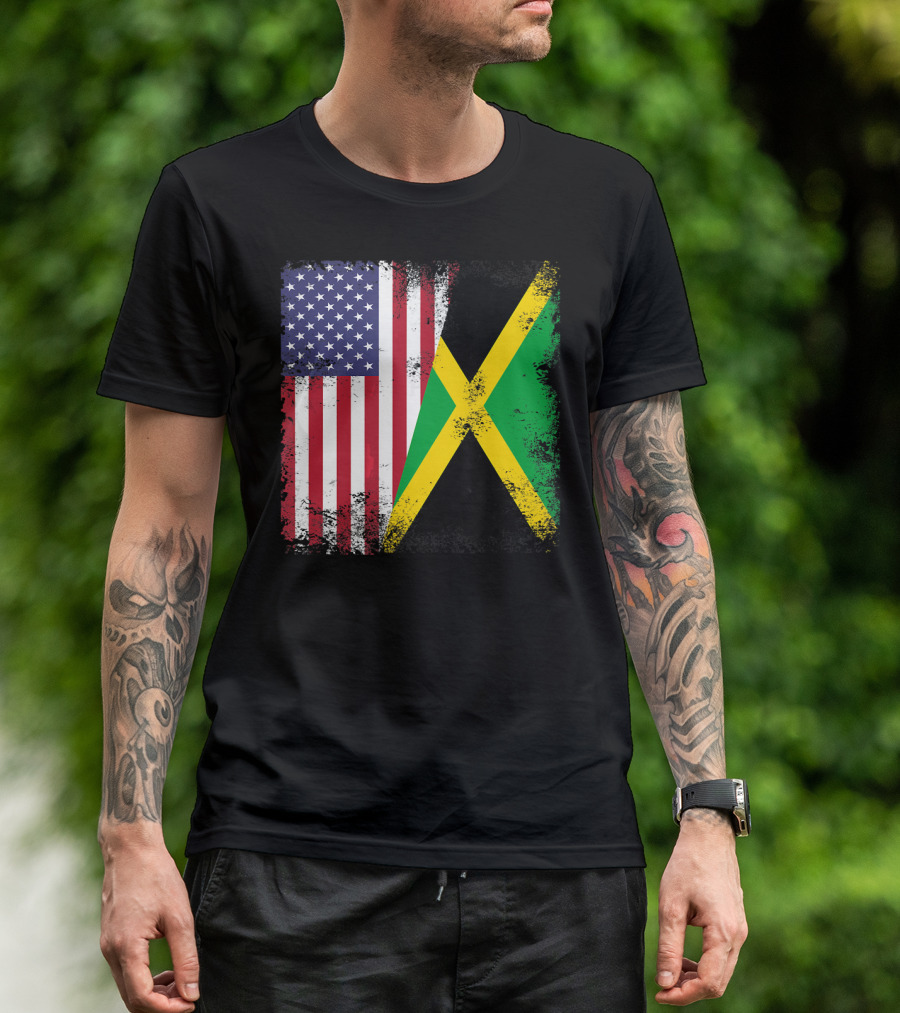 Half Jamaican Flag Vintage Jamaica U.S.A. Flag Overlay T-Shirt