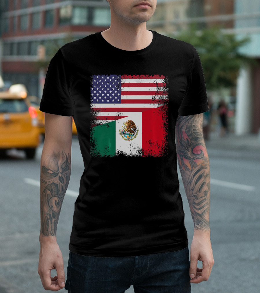 Half Mexican Flag Vintage Mexico U.S. American Flag Dual Heritage T-Shirt