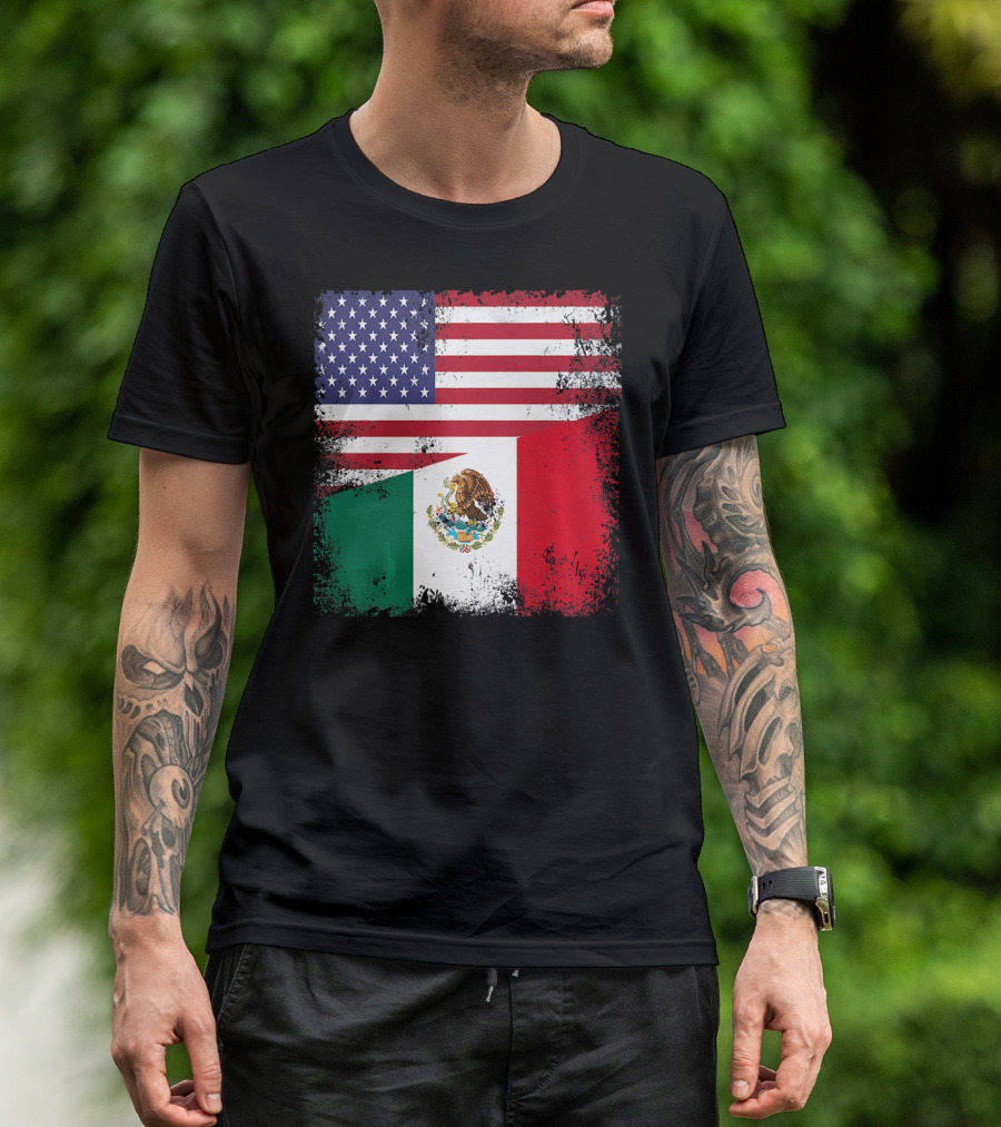 Half Mexican Flag Vintage Mexico U.S. American Flag Dual Heritage T-Shirt