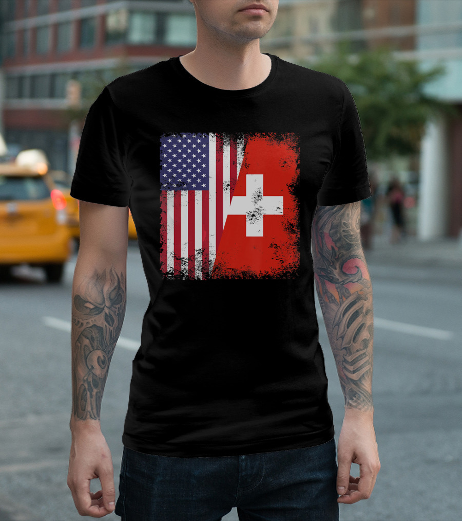 Half Swiss Flag Vintage American Swiss Flag T-Shirt