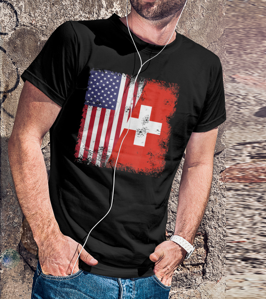 Half Swiss Flag Vintage American Swiss Flag T-Shirt