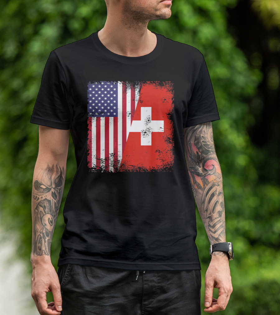 Half Swiss Flag Vintage American Swiss Flag T-Shirt