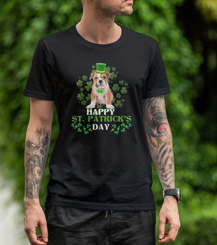 Happy St Patrick's Day Leprechaun Bulldog Green Hat Shamrock T-Shirt