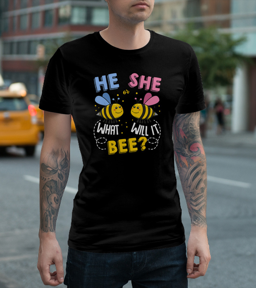 He She Or What Will It Bee Baby Party Gender Reveal Bees Blue And Pink T-Shirt