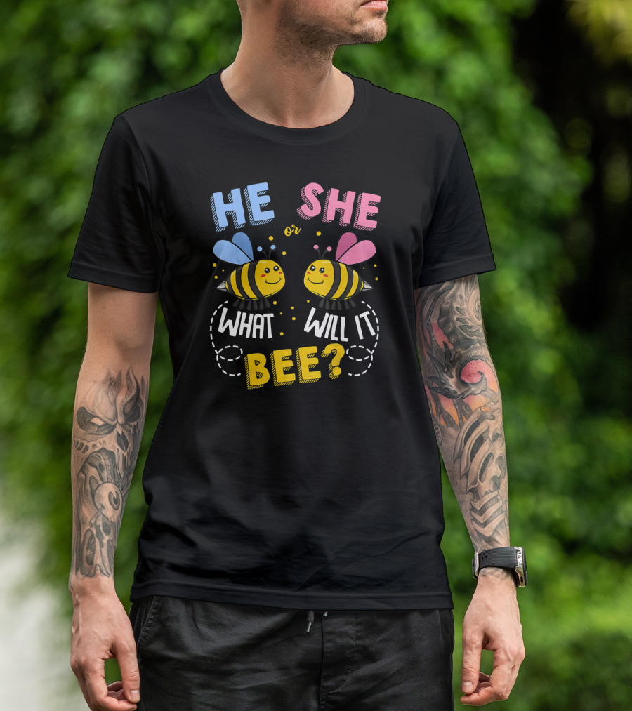 He She Or What Will It Bee Baby Party Gender Reveal Bees Blue And Pink T-Shirt