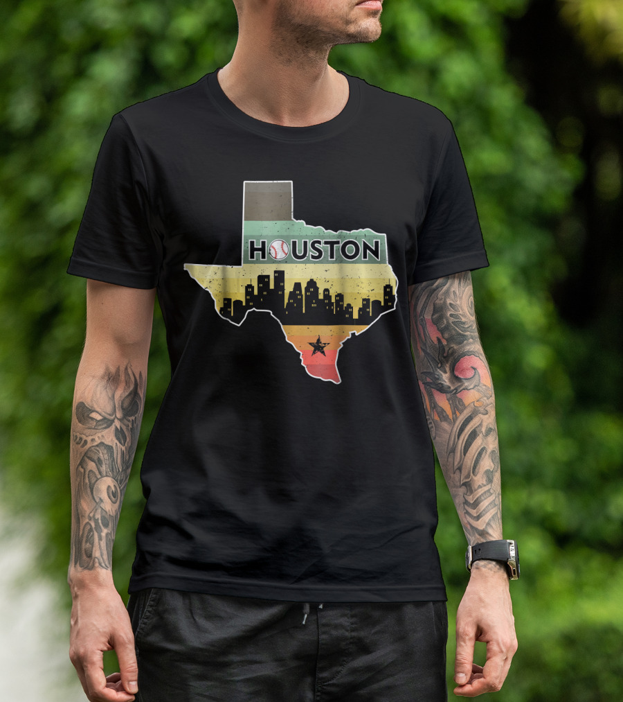 Houston Baseball Skyline With Texas Map And Retro Stripes T-Shirt