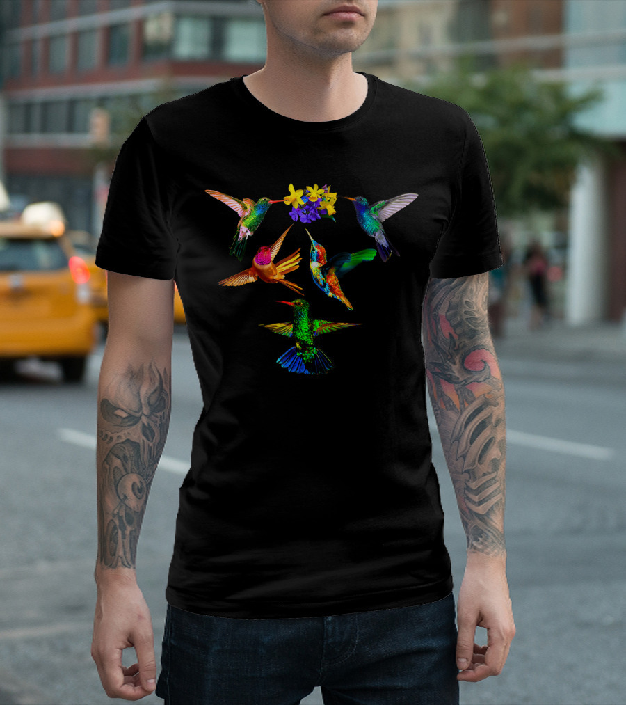 Hummingbird Lovers Colorful Birds with Flowers T-Shirt
