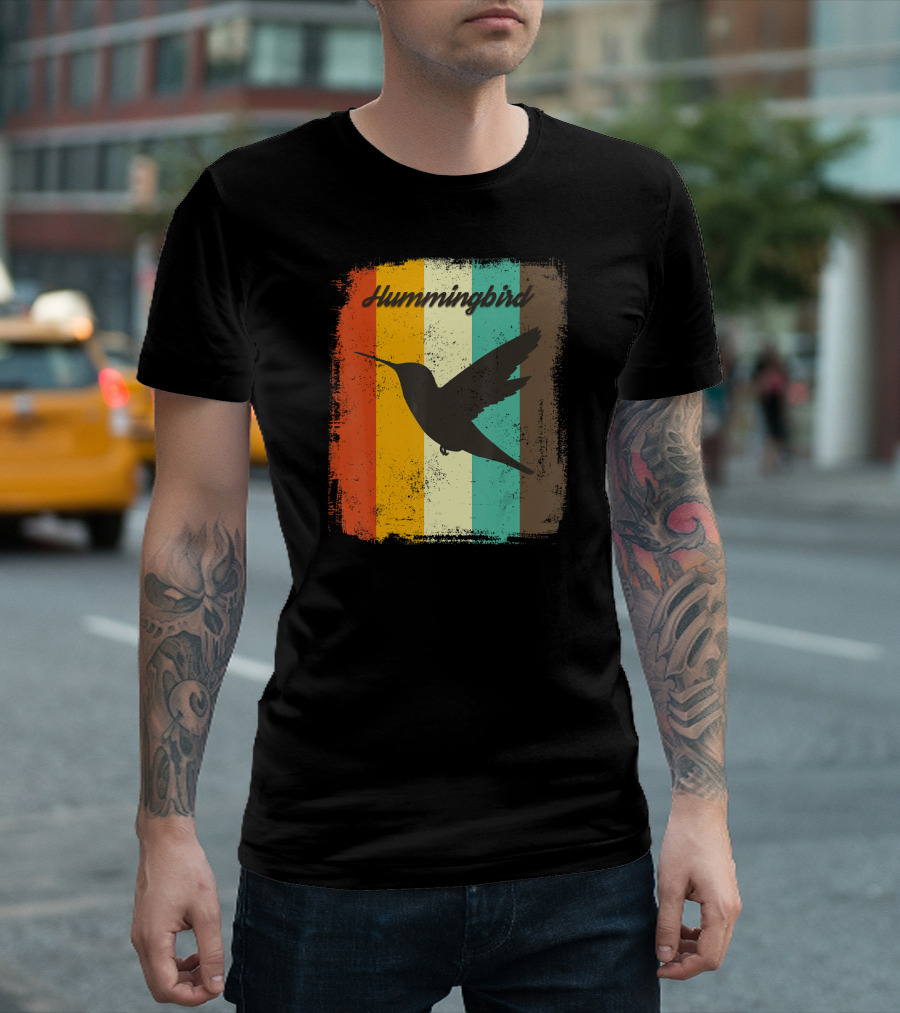 70s Vintage Hummingbird Silhouette Retro Stripes T-Shirt