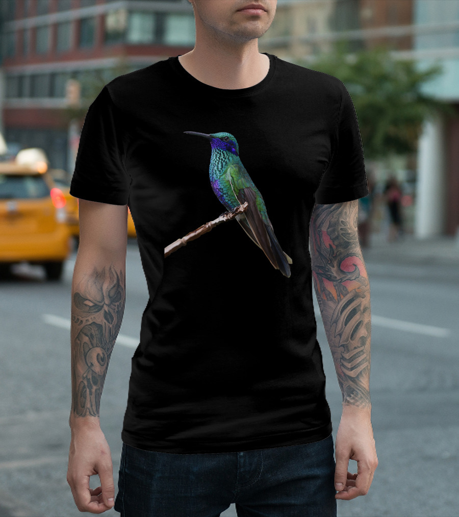 Hummingbird Bird Ornithology Vivid Green and Blue Perched Bird T-Shirt