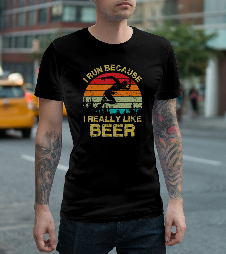 I Run Because I Really Like Beer Vintage Runner Sunset Forest T-Shirt