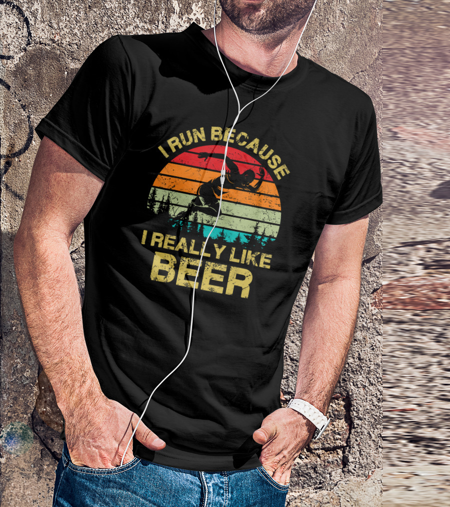 I Run Because I Really Like Beer Vintage Runner Sunset Forest T-Shirt