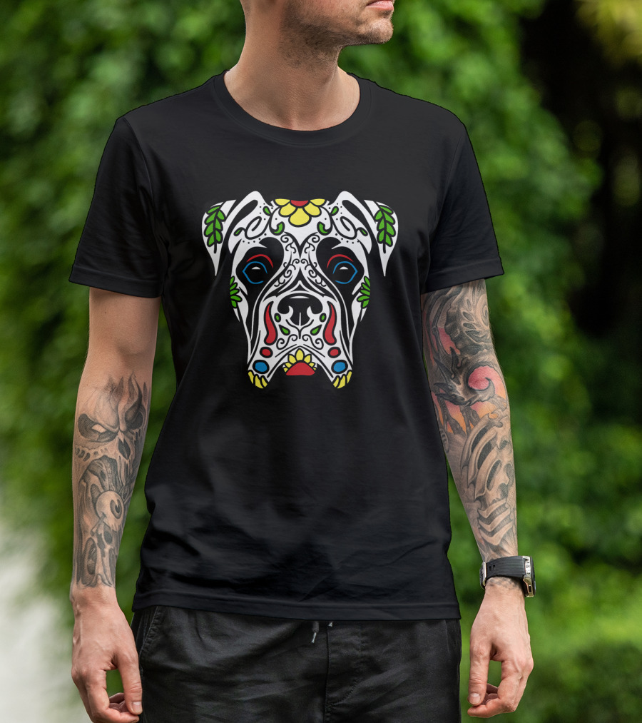 Boxer White Sugar Skull Dog Floral Mexican Día De Los Muertos T-Shirt